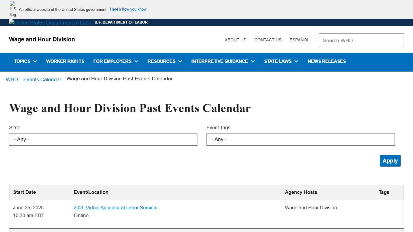 Wage and Hour Division Past Events Calendar U.S. Department of Labor